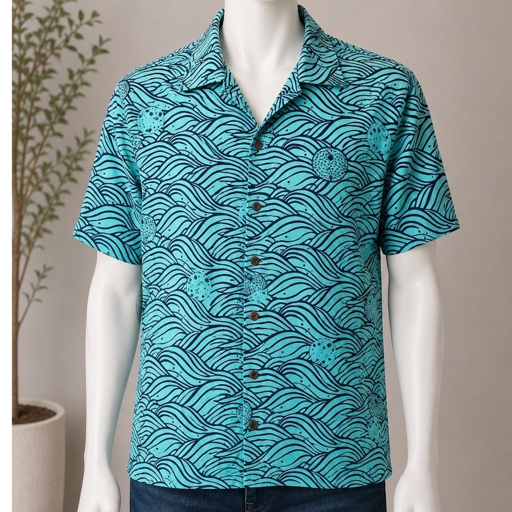 Margaritaville Med Teal Puffer Fish Hawaiian Shirt New Tropical Button Up Beach